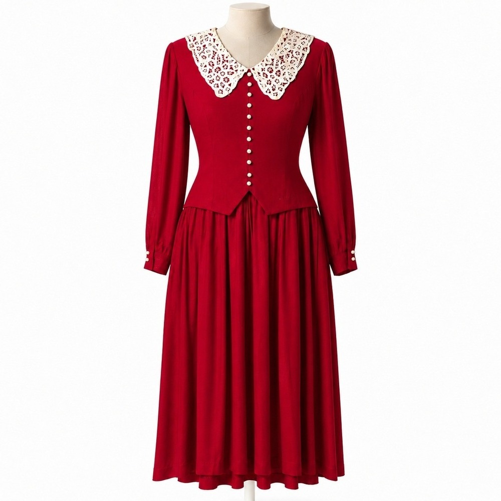 Vintage 90s Crochet Lace Button Maxi Dress Sz 16 Red Modest Prairie Cottagecore